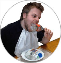man eating a plastic bottle