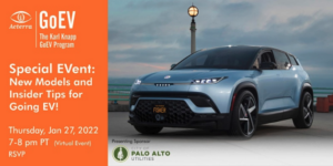 Graphic of an electric vehicle. Text next to the image reads, "Special EVent: New Models and Insider Tips for Going EV! Thursday, Jan 27, 2022, 7-8 pm PT (Virtual Event) RSVP"