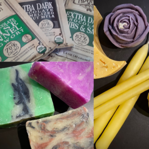 A collage of three pictures: colorful soaps, candles, and packages of chocolate