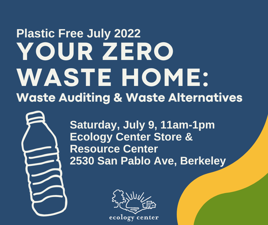 Graphic with line art of a disposable water bottle, text reads, "Your zero waste home: waste auditing and waste alternatives"