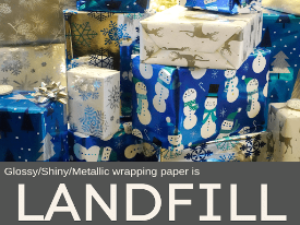 photo of many boxes in shiny blue and white wrapping paper. the bottom of the image says shiny, glittery, metallic wrapping paper is landfill