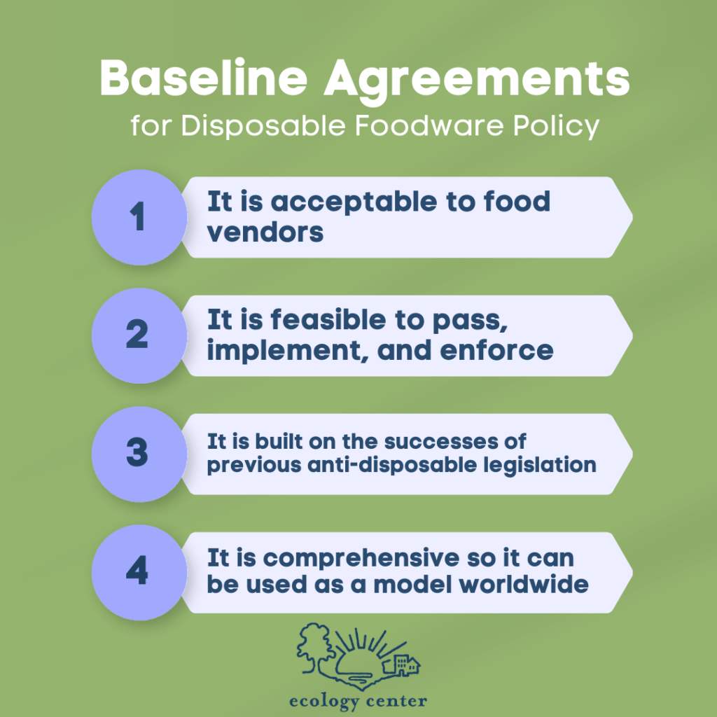 Info graphic listing baseline agreements for the policy: 1. It is acceptable to food vendors; 2. It is feasible to pass, implement, and enforce; 3. It is built on the successes and learnings of previous anti-disposable legislation like our carryout bag reduction laws; and 4. It is comprehensive so it could be used as a model ordinance for other jurisdictions worldwide.