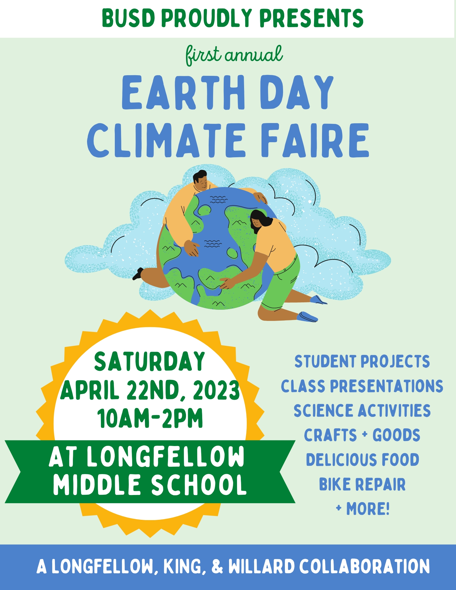Flyer with the text "Earth Day Climate Faire" with a graphic of two people hugging the earth in front of a cloud.