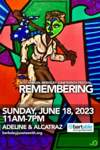 Graphic of a Black woman carrying a nap sack and lantern, wearing a green and blue mask, and tan headscarf. Text reads, "36th Annual Berkeley Juneteenth Festival Remembering,Sunday June 18m 2023, 11am-7pm, Adeline & Alcatraz"