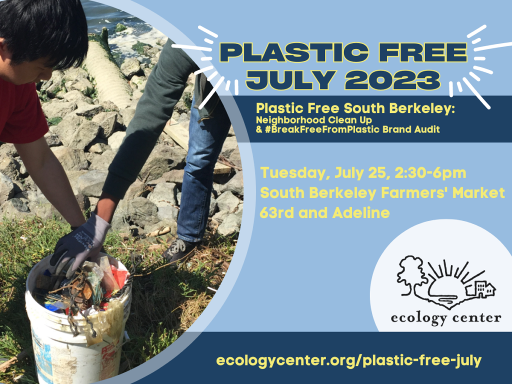 Graphic with a photo of two preteens picking up litter, text reads "Plastic Free July 2023, Plastic Free South Berkeley: Neighborhood Clean Up & #BreakFreeFromPlastic Brand Audit"