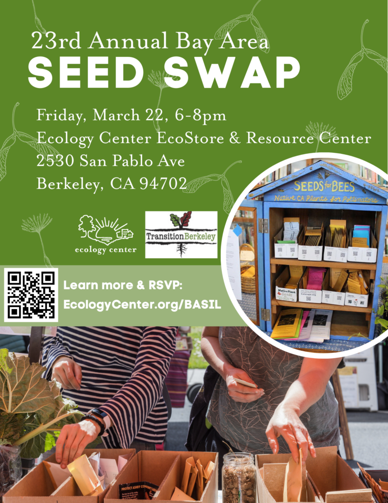 Graphic for the 23rd Annual Seed Swap including a photo of a little free seed library labeled "Seeds for Bees" and a photo of two people examining seed packets.